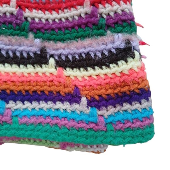 1980's Crochet Afghan Blanket Retro Rainbow Throw Fringe Ends Upcycled 67" x 52" - Picture 11 of 14